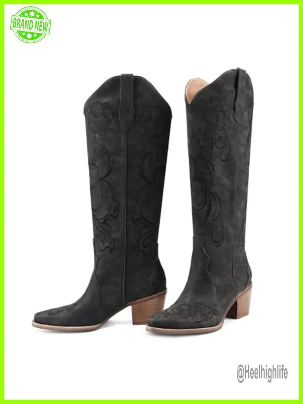 Knee High Cowgirl Boots with Floral Embroidery Snip Toe Pull On